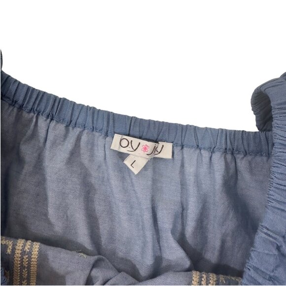 Joy Joy Womens Off-Shoulder Embroidered Chambray Blue Top Size Large 100% Cotton - Picture 3 of 10